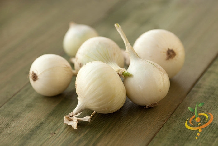 Pearly White onion seeds from Barletta variety by SeedsNow, showing small white seed clusters on a neutral background.