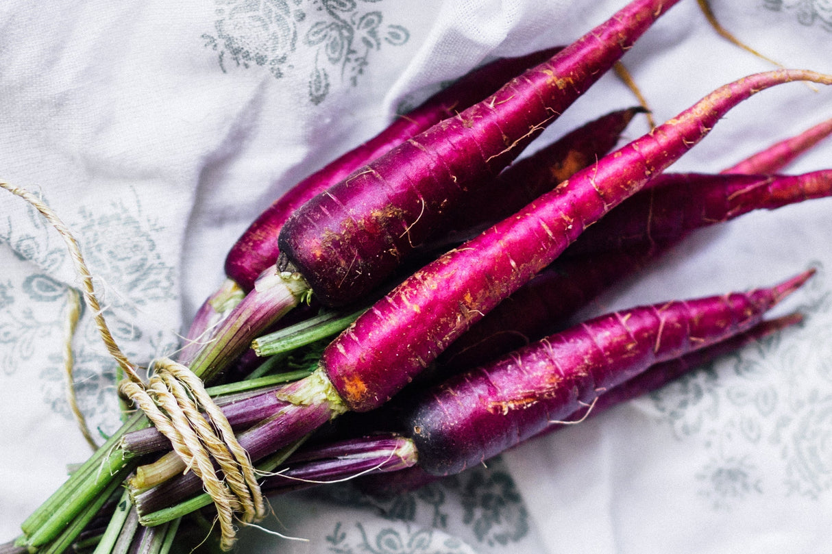 Cosmic Purple carrot seeds from SeedsNow, 7 inches long, showing vibrant purple carrots with green tops on a garden background.